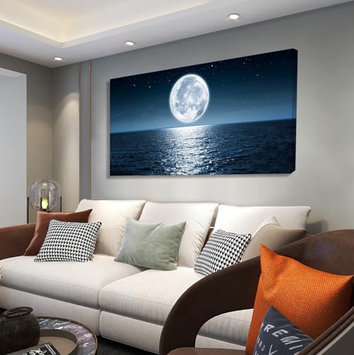 Wall Art Canvas Print Moon Sea Ocean Landscape 1 Panels Full Moon Picture Painting Framed and Stretched Ready to Hang for Living Room Bedroom Office Home Decor Artwork - color: Dark Blue, size: 71"L x 36"W
