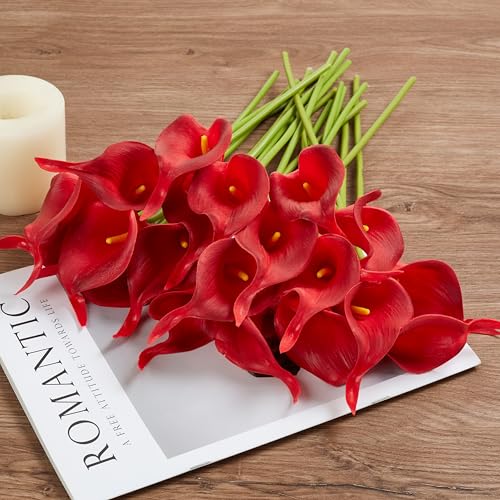 Artificial Calla Lily 12Pcs Red Real Touch Faux Flowers for Wedding Bouquet, Bride Bridal Shower, Spring Home Kitchen Table Decor, Fake Lilies for Centerpieces, Party Decorations - color: Wine Red