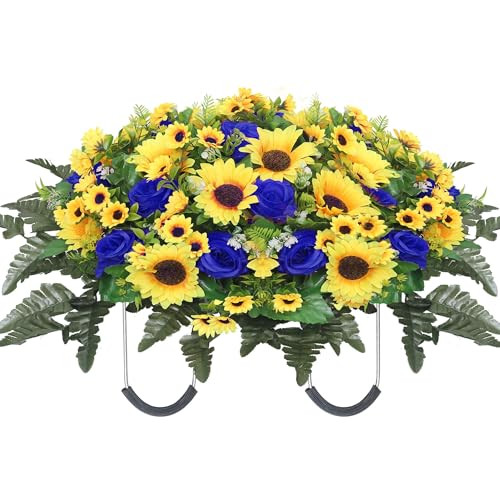 Lodou Artificial Cemetery Flowers for Grave,Headstone Flower Saddle Silk Sunflowers Grave Flowers for Cemetery Memorial for Outdoor Gravesite Decoration (Blue) - color: Blue
