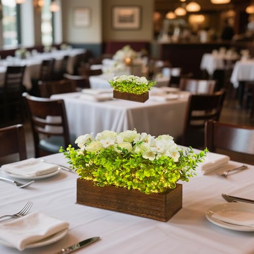 14" Artificial Peony Hydrangea Flowers Arrangement in Rectangular Wooden Planter Box, Rechargeable LED Faux Plants with Remote, Table Centerpieces for Dining Room Coffee Living Room Easter Home Decor