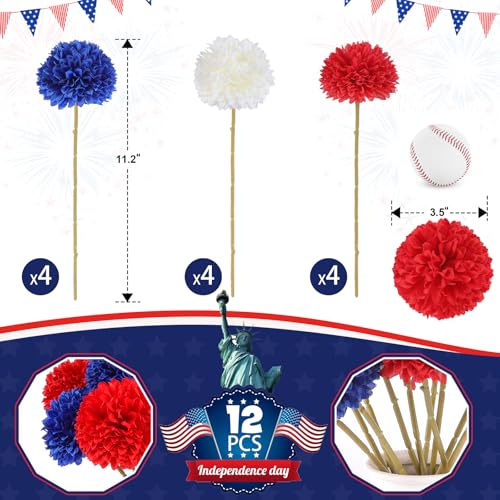 Rowfad 12 Pcs Artificial Chrysanthemums Flowers Patriotic Flowers 4th of July Fake Mums Flowers Silk Red White Blue Flower for Home Decor Indoor Memorial Day Table Centerpiece (12, Red White Blue) - color: Red White Blue