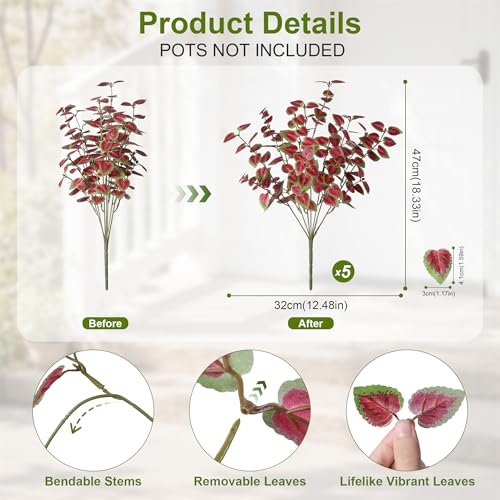 Ivydale Artificial Plants Outdoor 5 Pcs, Faux Greenery Plants Outdoor UV Resistant Silk Plants with Stems, Fake Plants for Outside Planter Front Porch Patio Pathway Decoration(Red) - color: Red