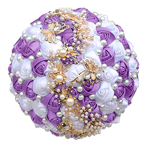 Sharebeauty 9.4 Inch Handmade Satin Rose Bridal Bouquet Toss Round Wedding Bouquet Throw Toss Artificial Flower Bunch Bright Lavender + White - color: W322g19 Bright Lavender/White, size: 9.4 inches / 24 cm