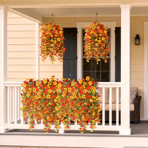 INQCMY Artificial Fake Flowers Plants for Outdoor Fall Decoration,2 PCS Faux Silk Morning Glory with Eucalyptus Leaves,UV Resistant Realistic Outdoor Flowers for Balcony Porch Patio Yard Garden - color: Orange Golden Yellow