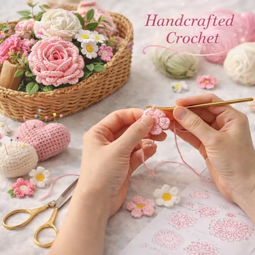 Handmade Crochet Flower Bouquet, Pink Rose & Carnation Knitted Flowers, Gift For Girlfriend, Birthday, Anniversary, Mother’s Day, Wedding Or Graduation (Includes Card) (Pink) - color: Pink