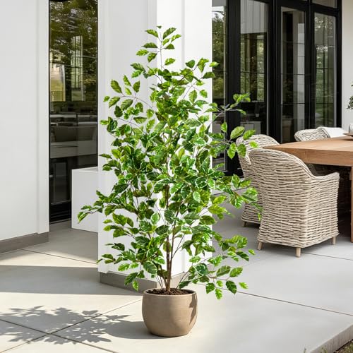 Bailikang Artificial Ficus Tree Indoor 4ft, Large Potted Faux Tree with Realistic Silk Leaves & Trunk for Home Office, Living Room Corner Decor - color: White Green, size: 4ft