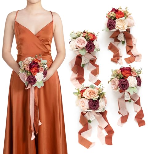 Ling's moment Artificial Flowers Burnt Orange Bridesmaid Bouquet Set of 4, Terracotta Wedding Flowers Bouquets for Bridesmaids, 7 Inch Bridal Bouquets for Bridesmaids, Wedding, etc - color: Or-burnt Orange