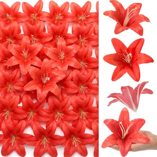 Suncalla 30 Pack Large Artificial Lilies Flower Heads with Realistic Stamens 5.9" Faux Fake Lily Flower Heads Bulk for DIY Crafts Cake Wedding Bridal Wreaths Table Home Party Decor (Red) - color: Red