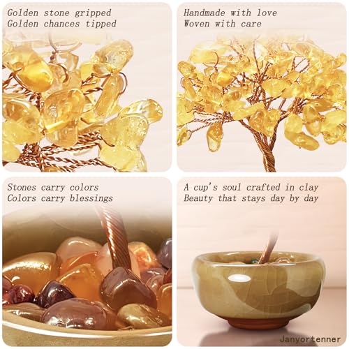 Mini Citrine Crystal Money Tree,Wealth Home Office Desk Decor,Handmade Copper Wire in Crackle Ceramic Base,Feng Shui Office Gift - color: 2-golden Hour