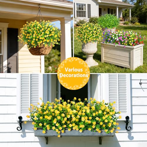 Roberly 24 Bundles Artificial Flowers for Outdoors, UV Resistant Eucalyptus Fake Flowers Shrubs Greenery Plastic Plants for Garden Porch Window Box Farmhouse Indoor Home Decor, Yellow - color: Yellow