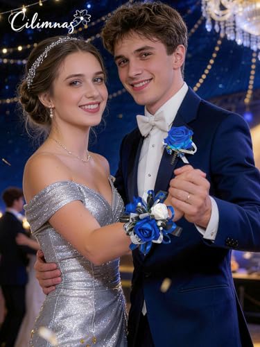 Prom Corsage and Boutonniere Set Blue,Artificial Silk Rose Wrist Corsage for Homecoming, Formal Dance Party, Wedding,Graduation,Anniversary - color: Blue