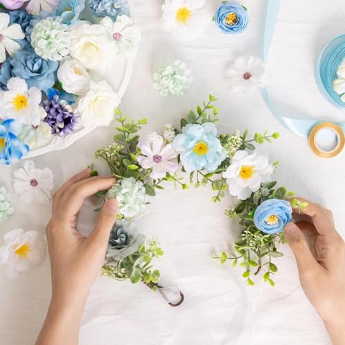 ATTGREAT Fake Flower Heads Mini Silk Flowrs Bulk Small Flower 3D Loose Faux Daisy Rose Sunflowers Plum Blossoms Craft for Wedding Party Cake Baby Shower Home Decor, 110Pcs(Blue) - color: Blue