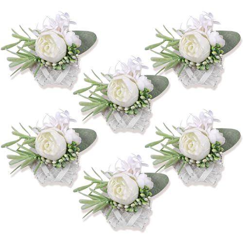 6pcs White Faux Silk Rose Wrist Corsages for Woman Wedding Prom | White Artificial Wrist Corsage for Wedding Prom Homecoming Anniversary Formal Party Engagement for Bride Bridesmaid - color: White3# Wrist Corsage (6 Piece)