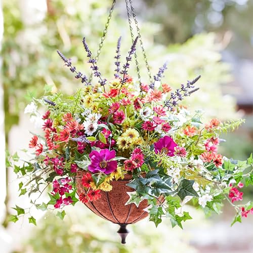 Balsam Hill Outdoor Meadow Spring & Summer Hanging Basket - 26" Premium UV-Protected Fake Outdoor Flowers for Porch, Patio, & Garden - color: Meadow