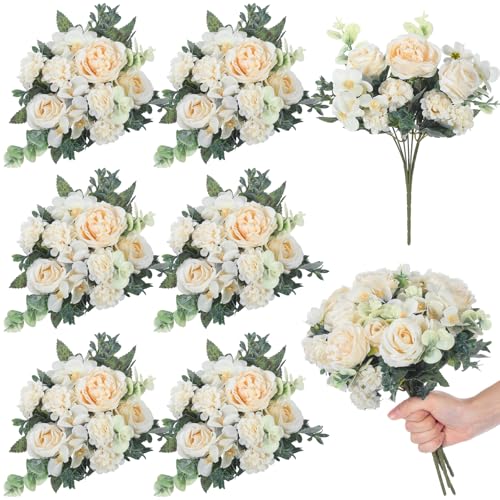 Wavwavw 6 Pcs Artificial Peony Silk Florals Fake Mix Silk Peony Rose Faux Flower Hydrangea Bouquet Elegant Realistic Wedding Floral Centerpiece for Home Party Table Arrangement (Champagne) - color: Champagne