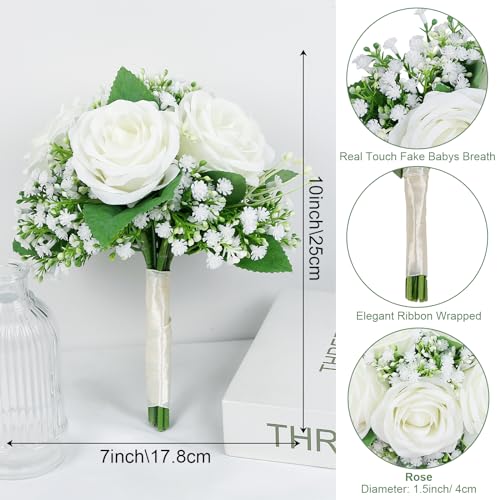 Artificial Bridesmaid Bouquets Set of 6-7 Inch Bridesmaid Bouquets Ivory White Rose Babys Breath Pre-Made Silk Flower Bouquet for Wedding Bridal Shower Centerpiece Ceremony and Anniversary - color: Ivory, size: Set of 6 Bridesmaid Bouquets