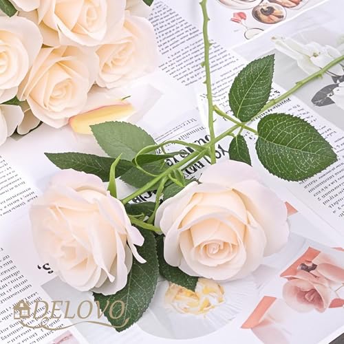 52pcs Champagne Roses Artificial Flowers Fake Flowers Silk Roses with Stems for DIY Wedding Bouquets Bridal Shower Centerpieces Arrangements Party Decorations - color: Champagne