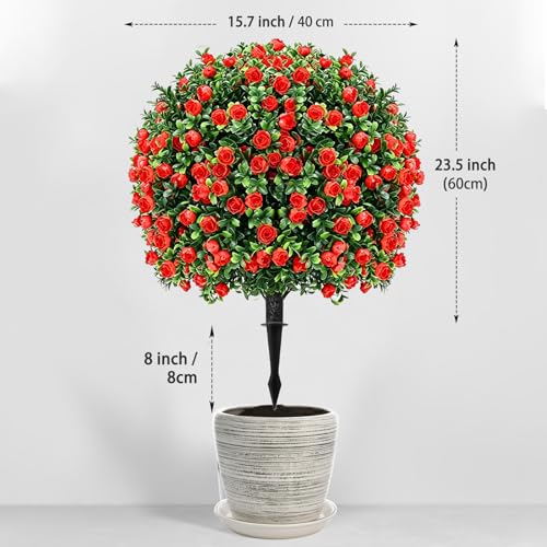 Artificial Red Eucalyptus Topiary Ball Tree (2-Pack) - 20" with Ground Spike for Faux Shrubs, Fake Evergreen Faux Plant for Indoor Outdoor Garden -UV Resistant–Fade-Proof - color: 2pcs-ground Cutting-red Rose