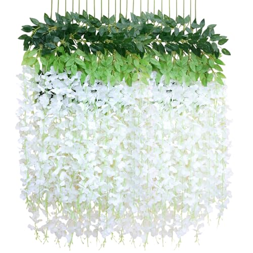 24 Pack Wisteria Hanging Flowers, Fake Hanging Flowers, 3.61 Ft Artificial Flower Vines Strings, Silk Wisteria Flowers for Home Wedding Arch Outdoor Party Garden Yard Decor (White) - color: White, size: 24 Pack