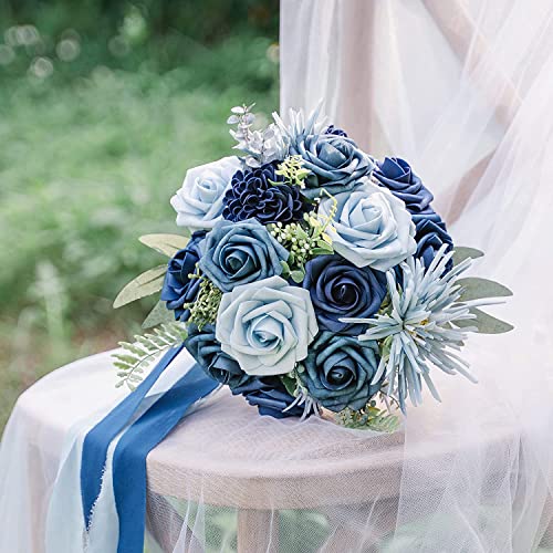Higfra Artificial Flowers 25pcs Real Looking Dusty Blue Shades Foam Fake Roses with Stems for DIY Wedding Bouquets White Bridal Shower Centerpieces Arrangements Mothers Day Party Tables Decorations - color: Dusty Blue Shades, size: 25Pcs