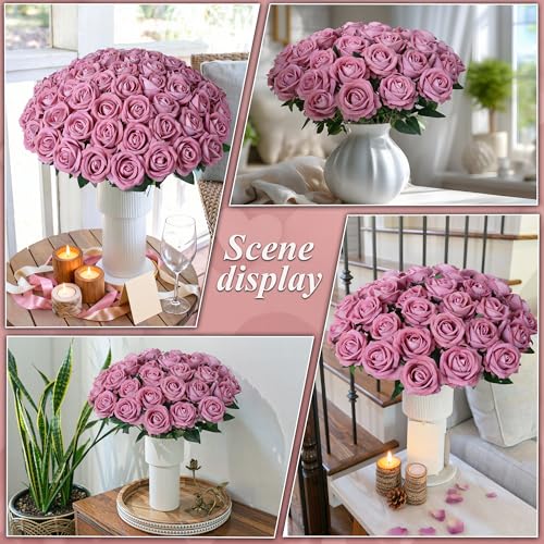 50 PCS Dusty Roses Artificial Flowers, Fake Roses with Stem Realistic Silk Roses for DIY Wedding Bouquets Tables Centerpieces Arrangements Baby Shower Birthday Home Decor Valentine's Day Gift for Her - color: Dusty Rose