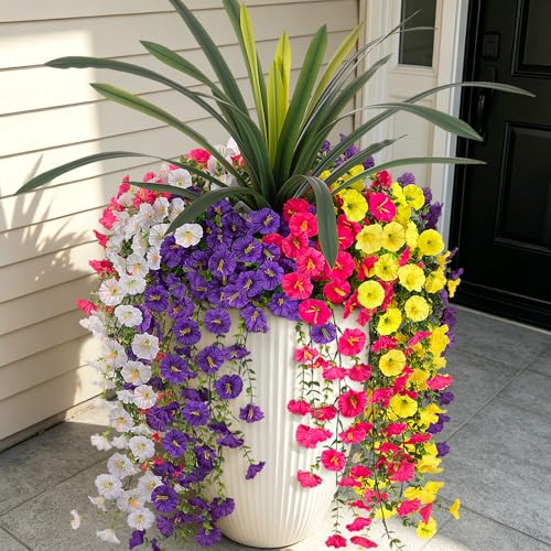 8 Bundles Fake Artificial Morning Glory Flowers for Outdoors, 1 Bundle Faux Greenery Plants UV Resistant Weatherproof for Indoor Outdoor Garden Patio Window Box Home Decor - color: White Yellow Purple Hot Pink