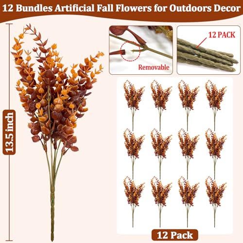 12 Bundles Artificial Fall Flowers for Outdoors Fall Decorations, UV Resistant Fake Mums Faux Fall Plants Plastic Greenery Porch Fireplace Home Gardens Autumn Thanksgiving Decor(Brown Eucalyptus) - color: Brown Eucalyptus, size: 12 Bundles