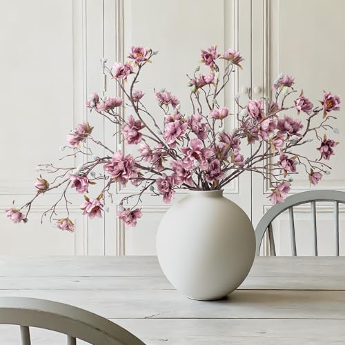 HyeFlora 3PCS Artificial Magnolia Flowers Stems for Spring Decoration, Faux Purple Magnolia Branches with Buds, 34.5" Long Stems Floral Arrangement for Vase Pot Table Centerpiece Indoor Decor - color: Purple