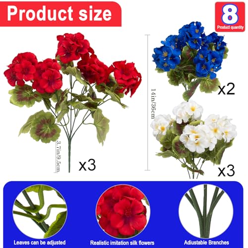 lovemoon 16 Pcs Artificial Geraniums Realistic Silk Patriotic Flowers, Red White Blue Faux Geranium Flowers for Outdoor Home 4th of July Office Decoration(16, Red White Blue) - color: Red, White, Blue