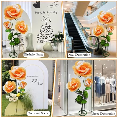 3PCS Large Fake Flowers Realistic Waterproof - Orange Giant 3D Artificial Flower Durable Easy Maintenance Perfect for Home Garden Weddings Events Christmas Graduation Party Decorations - color: 3pcs-roses-orange