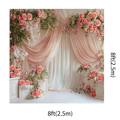 Kate 8x8ft Wedding Backdrop Curtain Pink Floral Decor for Ceremony Photography Background Romantic Bridal Shower Party Photo Booth Props with Rose Garland Drapes - size: 8x8ft