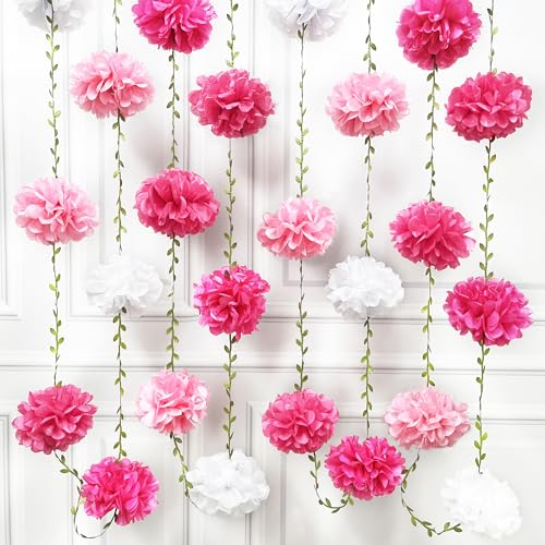 Hot Pink White Party Decorations Ombre Pink White Tissue Paper Flowers Pom Pom Leaf Ribbon Hanging Streamer Garland for Women Girls Birthday Bachelorette Baby Shower Wedding Flamingo Party Supplies - color: Hot Pink