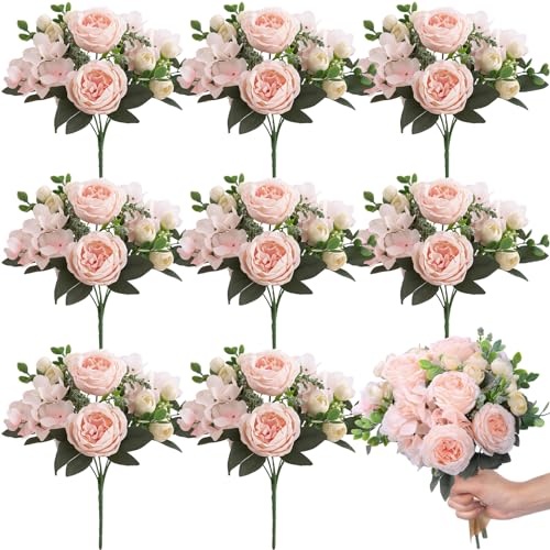 Yunsailing 8 Packs Artificial Peony Flowers Faux Silk Hydrangea Bouquet Vintage Wedding Home Table for Door Decor Reusable Bouquet of Rose Flowers for Valentine Wedding Birthday Party(Champagne) - color: Champagne, style: Hydrangea