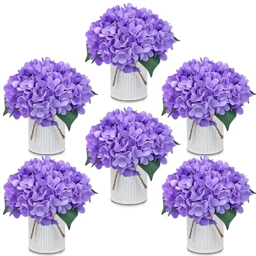 Flower Table Centerpieces - Set of 6 Floral Arrangement Artificial Wedding Hydrangeas Floral Arrangement with Rustic Metal Vase for Bridal Tea Party Event Decorations - Deep Purple - color: Deep Purple