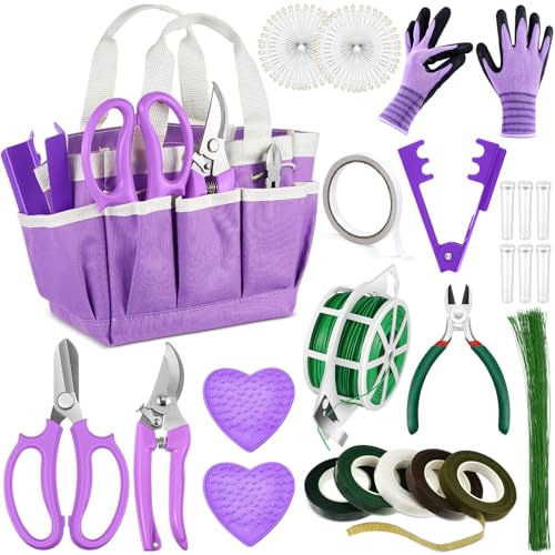 207 Pcs Flower Arrangement Supplies Florist Garden Tool Gift Kit for Women Include Purple Bag Thorn Remover Rose Stripper Outdoor Hand Tools Stem Pruning Shear Gloves Stem Wire Etc Wedding DIY Kit - color: Purple