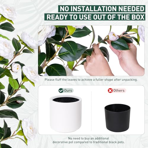 Yepdin 2 pcs Pack Artificial Camellia Tree with White Planter - 39 inch Tall Fake Tree,3.2 Ft Artificial Plants Indoor & Outdoor Housewarming Gift - color: 2pcs White Camellia Tree, size: 3ft 3in
