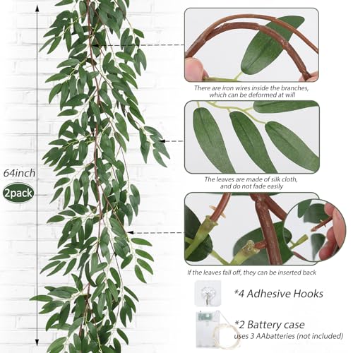 RECUTMS Artificial Hanging Willow Leaves Vine Twigs with Light 2Pc 5.7Ft Fake Silk Green Leaves Ivy Garland Faux Greenery Decoration for Indoor Outdoor Home Wedding Jungle Birthday Party Garden Table - color: Green With Lights