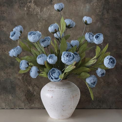 VIERENA 12 Pcs Faux Silk Peony Artificial Flowers for Vase -27", Bulk Fake Peonies Branches with Stems for DIY Bouquet Centerpieces Wedding Fillers Arrangements Shower Decorations (Dusty Blue) - color: Dusty Blue