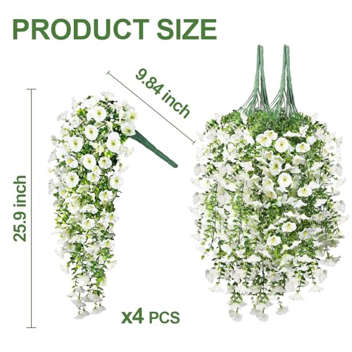 4PCS Artificial Hanging Flowers for Outdoors, 600 Blooms UV Resistant Morning Glory Vine Fake Flowers with Eucalyptus, Realistic Silk Faux Hanging Plants Spring Summer Decorations for Outside (White) - color: White, size: 4PCS