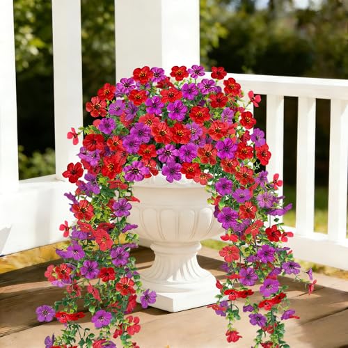 UV Resistant Artificial Hanging Flowers Outdoor Decor - 2 Pack Fake Hanging Plants with Silk Daisies for Spring Summer, No Fade Faux Flowers for Planter, Front Door, Porch, Patio, Garden, Yard - color: Light Purple Red
