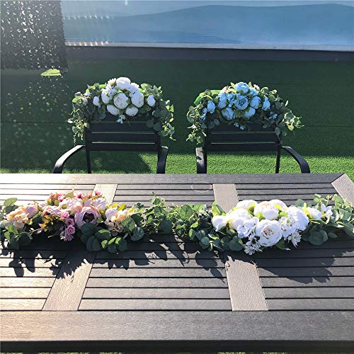 H&S BRIDAL Wedding Arch Flowers, 30 Inch Rustic Artificial Floral Swag for Door Lintel, Green Leaves Rose Peony Sunflowers Table Centerpieces Home Decoration - color: Blue