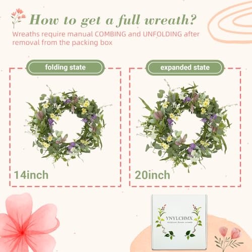 YNYLCHMX 20" Spring Summer Wreaths for Front Door, Artificial Floral Wreath with Multi-Colored Flower & Green Eucalyptus Leaves, Green Foliage Wreath for Wall Window Farmhouse Party Holiday Home Decor - color: Flower & Eucalyptus