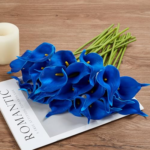 Artificial Calla Lily 12Pcs Blue Real Touch Faux Flowers for Wedding Bouquet, Bride Bridal Shower, Spring Home Kitchen Table Decor, Fake Lilies for Centerpieces, Party Decorations - color: Blue