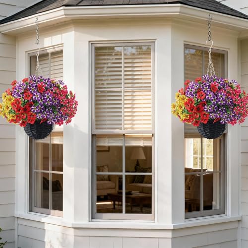 VIERENA 2 Sets Artificial Morning Glory and Eucalyptus Hanging Basket for Outdoor, UV-Resistant Fake Flower Hanging Basket, Suitable for Porch, Aisle, Garden, Patio, Eaves Decor (Mixed Color) - color: Mixed Color