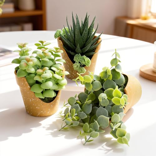 3 Pack Artificial Succulent Plants, Small Potted Fake Plants, Artificial Eucalyptus Leaf Aloe Vera Plants, for Home Decor, Farmhouse Bathroom Office Decor