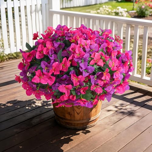 Artificial Bougainvillea Flowers for Outdoors Spring Plants Decor, 4 Bundles Faux Flowers for Outdoor Planters Silk UV Resistant Realistic for Outside for Porch Patio Window Planter Garden Home - color: Fuchsiahotpink
