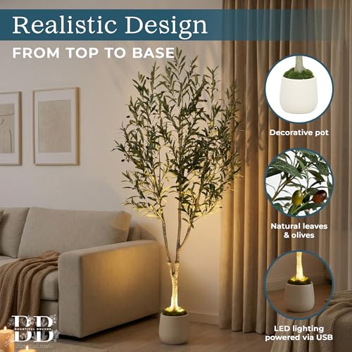6ft (180 cm) Artificial Olive Tree with White Pot, Moss & USB LED – 943 Leaves, 52 Olives, Lifelike Fake Indoor Potted Plant for Home, Living Room, Office & Bedroom Decor - size: 6ft