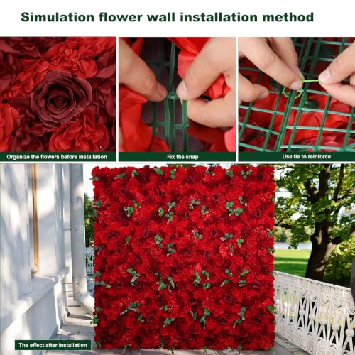 Red Flower Wall Backdrop 12 Piece of 16.5x16.5 Inch Artificial Floral Wall Panel Silk Rose Wall Decor Ideal for Wedding Celebrations, Festive Party Backdrops, and Home Decor - color: Red, size: 16.5inch