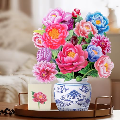 Airpark Pop Up Flower Bouquet Card for Women, 3D Floral Greeting Card with Envelope and Note, Birthday Thank You Thinking of You Get Well Gift for Mom Friend Wife Teacher, Peony - style: Peonies