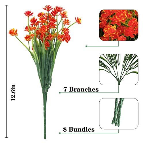 Outdoor Artificial Fake Flowers,8 Bundles Plastic Flowers Outdoor UV Resistant Faux Flowers for Indoor Outdoor Garden Porch Home Decor(Orange Red) - color: Orange Red, size: 8 Bundles